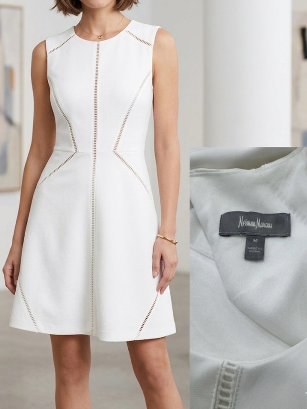 Neiman Marcus White Sleeveless A-Line Dress